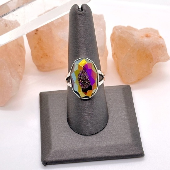 Ooak Sterling Silver Fractal Titanium Aura Druzy Geode Crystal Ring - Picture 1 of 4